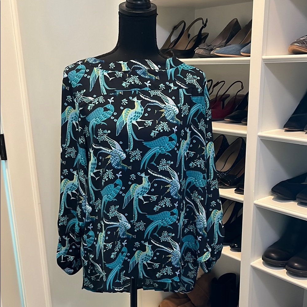 LOFT Black and Blue Long Sleeve Rounded Neckline Boxy Blouse